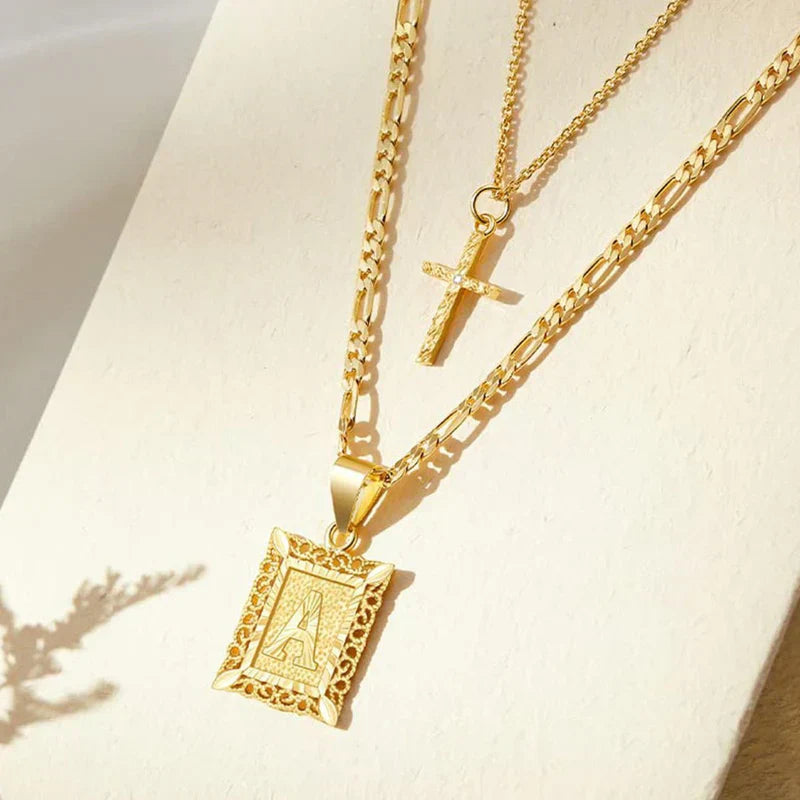 Faith Cross Initial Gold Necklace Set