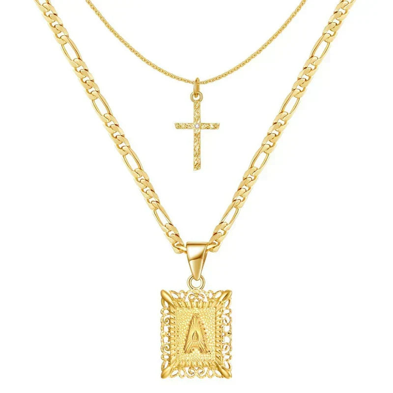 Faith Cross Initial Gold Necklace Set