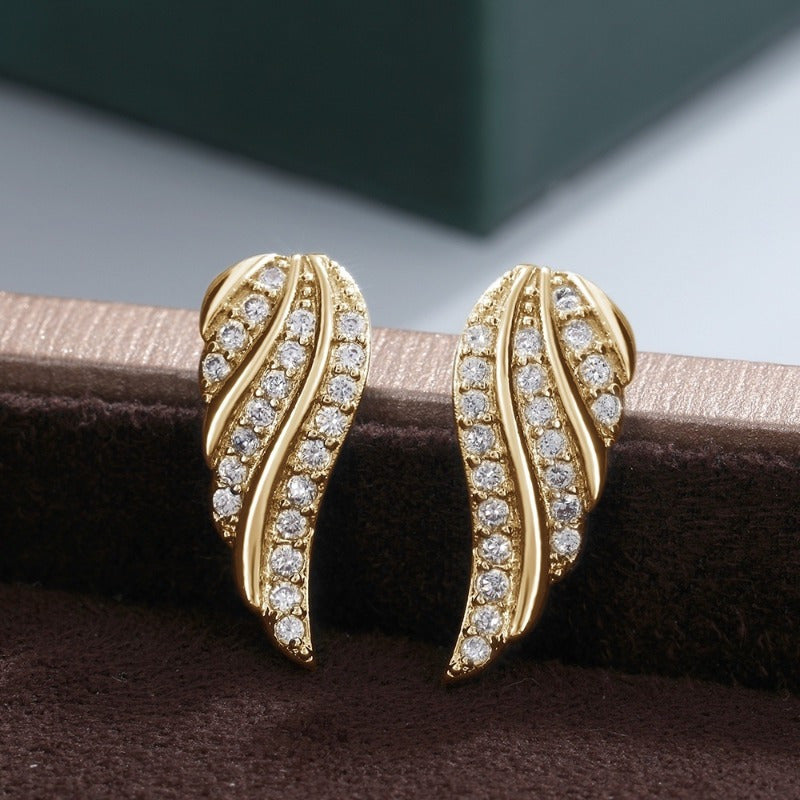 Contemporary Leaf Pave Gold Earrings