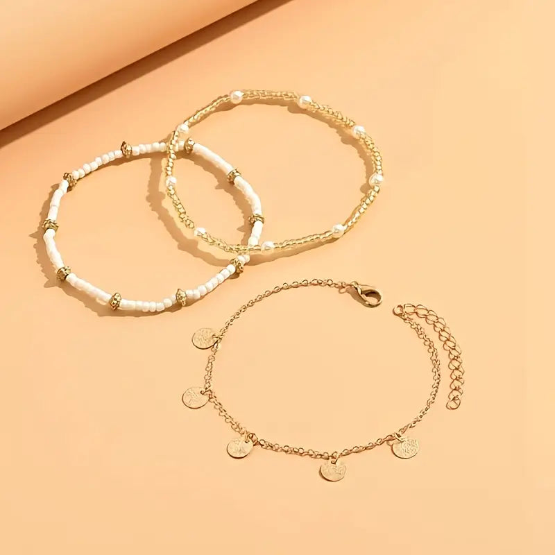 Seaside Charm 3-Piece Layered Gold Anklet Set
