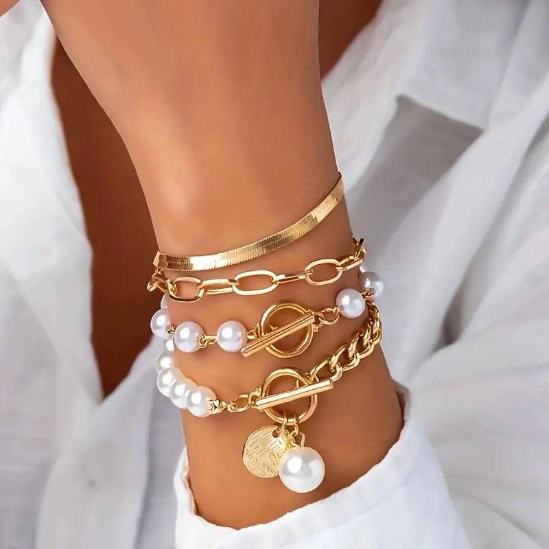 Chic Gold 4-Piece Bracelet Set – Snake, Pearls & Links | Gold