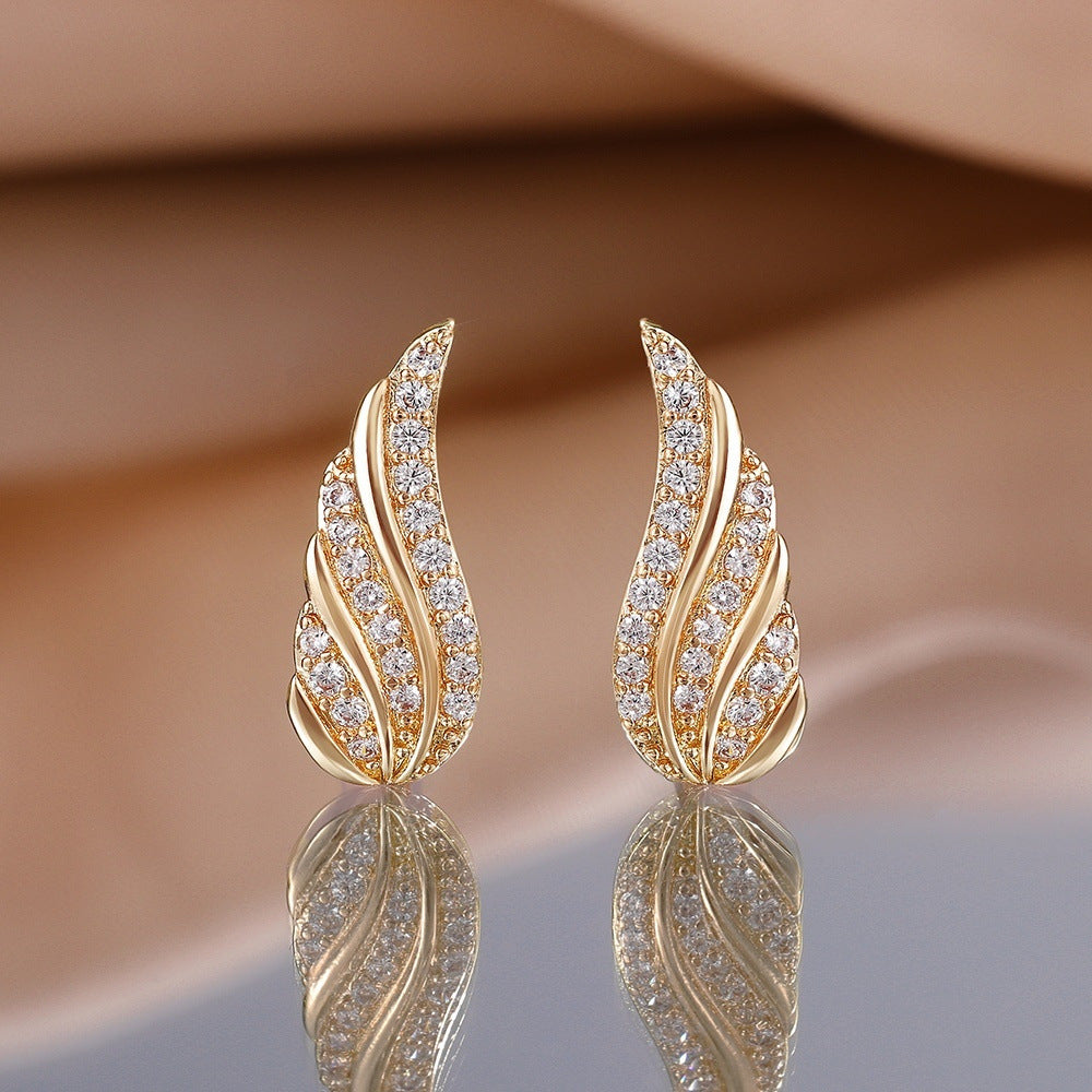 Contemporary Leaf Pave Gold Earrings