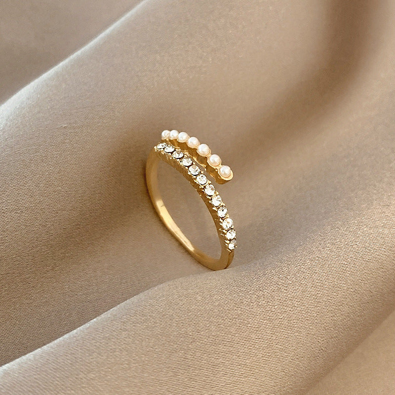 Lustrous Pearl Crystal Open Gold Ring