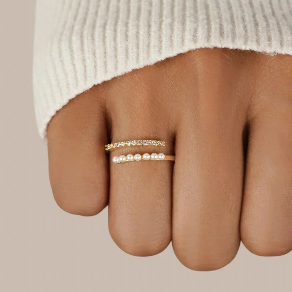 Lustrous Pearl Crystal Open Gold Ring